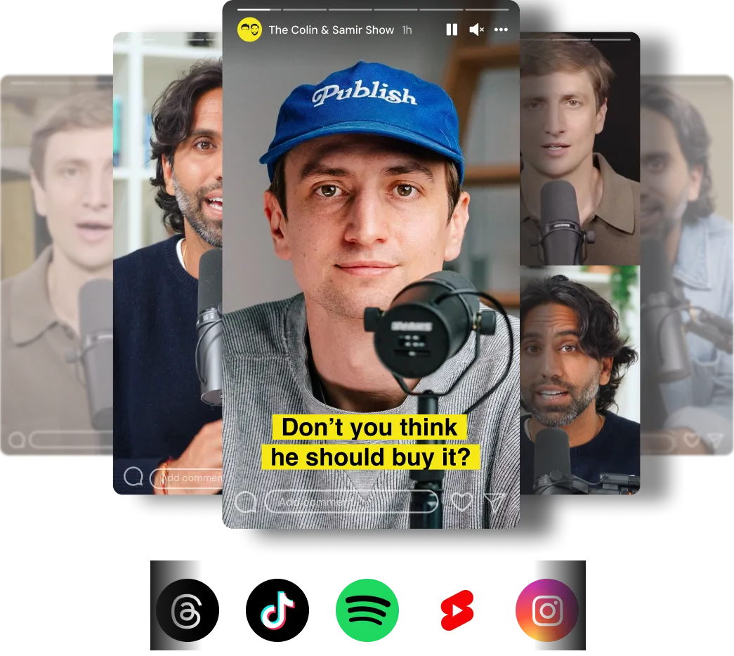 Podcast hosts Colin and Samir discussing with microphones, featuring overlay text 'Don’t you think he should buy it?'